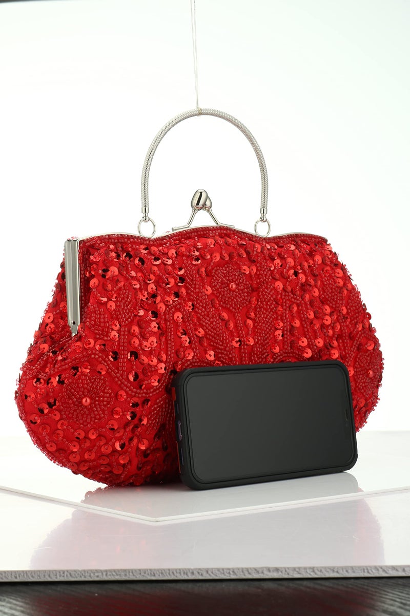 Simcat SSMY Beaded Sequin Design Flower Evening Purse Large Clutch Bag (red) - Image 4
